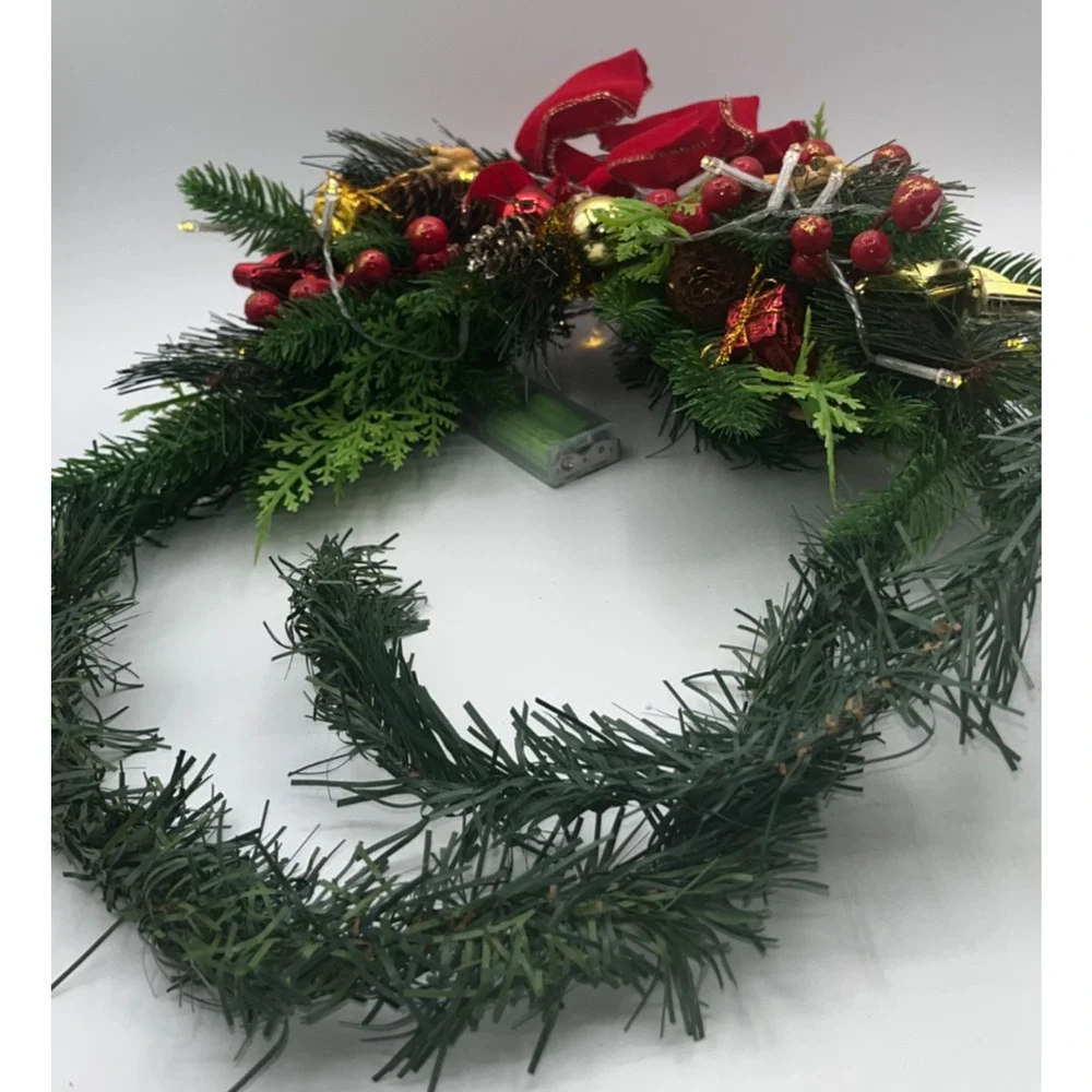 Lighted Mantel Christmas Fake Pine Tree Swag Pinecones Berries Ornaments Deer